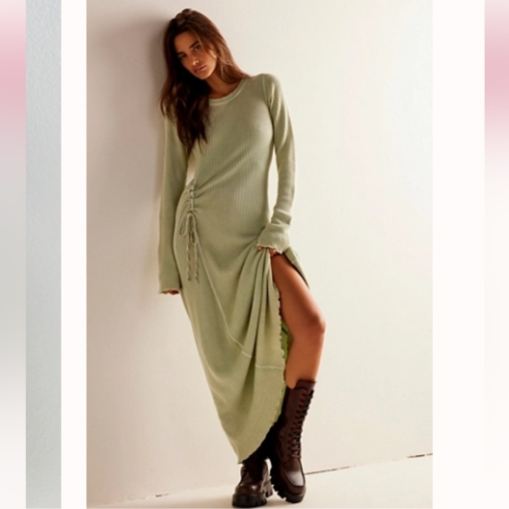 Worn 1x Free People One Natasha Thermal Waffle Long Sleeve Maxi Dress Green